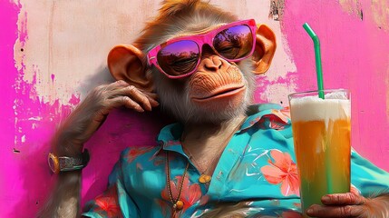 Cool Monkey in Sunglasses Enjoying a Drink, Monkey, Drink, Sunglasses