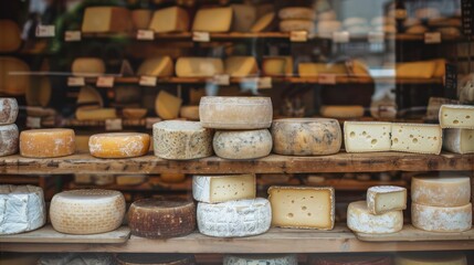 Variety of cheese showcased in a traditional shop window. Close-up shot of cheese wheels and blocks displayed on shelves. Ideal for representing artisanal food, gourmet products, and culinary arts.
