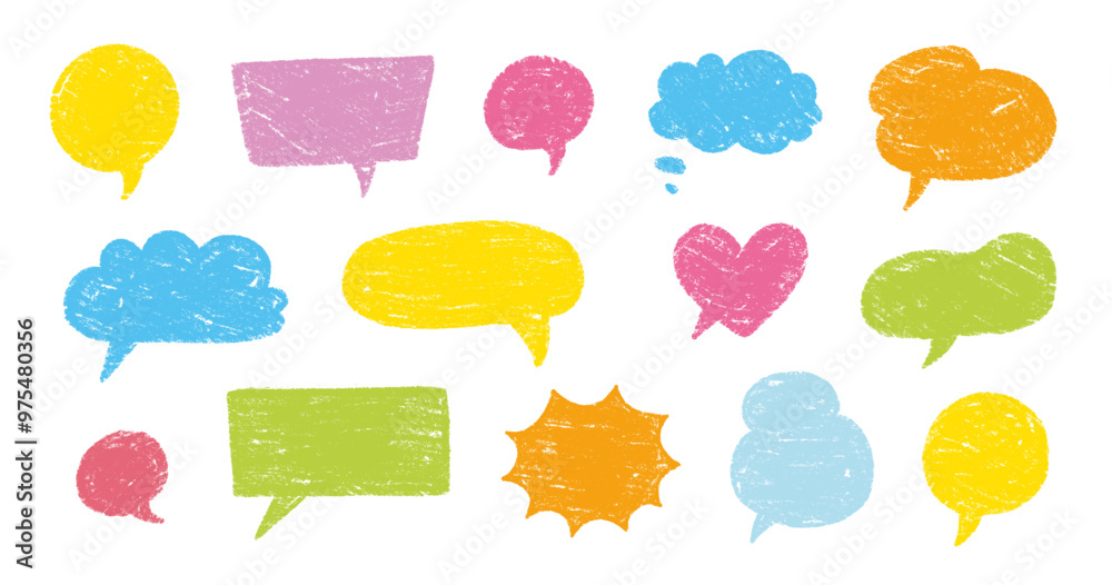 Leinwandbilder crayon talk speech balloon frame doodle vector. hand drawn crayon doodle speech cloud bubble set. ch