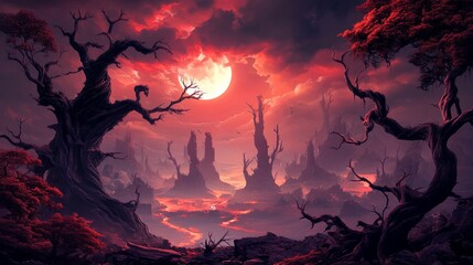 Crimson Skies A Digital Painting of a Blood-Red Sky Above a Twisted Forest, digital art, fantasy landscape, red sky