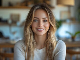 Fototapeta premium Smiling Young Woman with Long Blonde Hair in a Bright, Stylish Home Interior