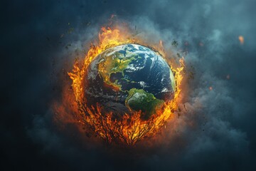A globe surrounded by flames and cracks, symbolizing the impact of climate change and global warming, with smoke rising from deforested areas and melting ice caps 