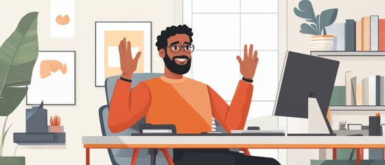 Fototapeta premium A cheerful man in a modern workspace celebrates success with raised hands, showcasing a bright and inviting home office environment.