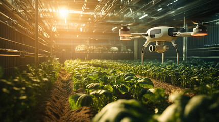 A futuristic agricultural farm featuring a drone hovering above rows of crops inside a greenhouse, showcasing the use of advanced technology and automation in modern, sustainable farming practices.