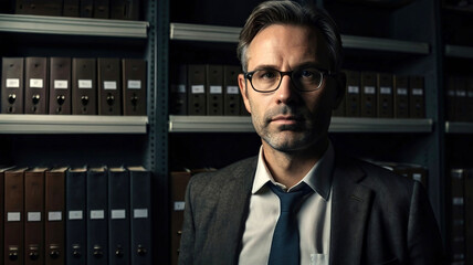 Fototapeta premium Accountant and tax consulting agent in dark office, generative ai