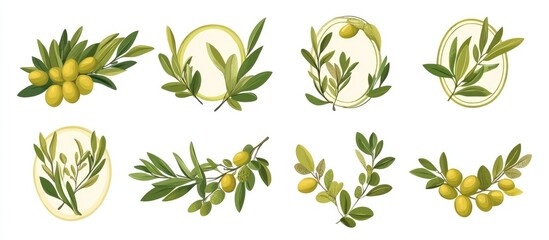 Flat set of natural olive oil labels featuring olive tree branches and olives isolated illustration