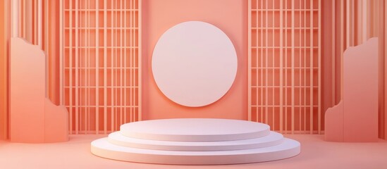 3D rendering of a podium designed for product display set against a Chinese inspired background View from above