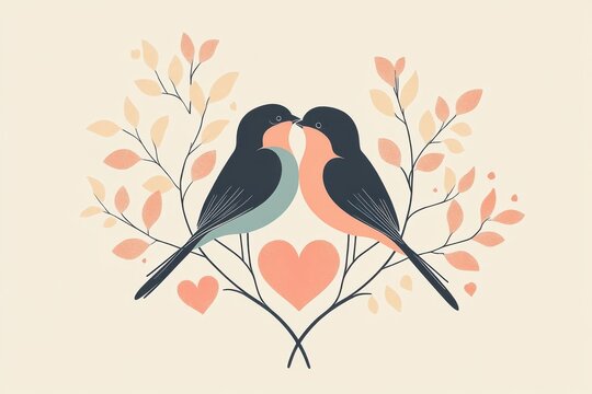 recommend clip art: A simple, elegant illustration of two lovebirds perched together, surrounded by delicate heart-shaped leaves, all set against a clear, pastel-colored background
