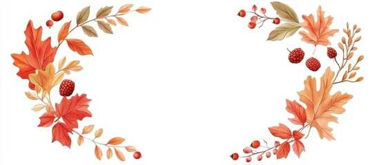 Elegant circular frame or border adorned with vibrant fallen oak leaves acorns maple leaves chestnuts berries and various other simple foliage