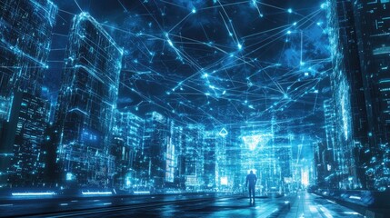 Naklejka premium A solitary figure stands in a futuristic cityscape, surrounded by a network of glowing lines, symbolizing the interconnectedness of technology and urban life.