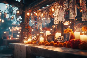 Day of the Dead altar with candles and portraits at night, all illuminated by small warm lights