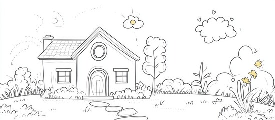 Doodle style illustration of a kids house featuring outlined and isolated design elements