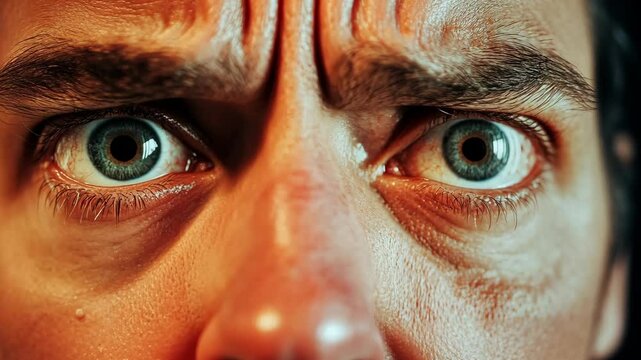 Intense close-up of a person's eyes expressing fear and surprise in a dimly lit environment at night