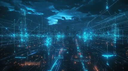 Obraz premium Futuristic city skyline with glowing network connections.