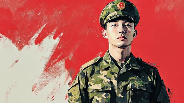 Military recruit stands proud in uniform against a bold red background in a training facility