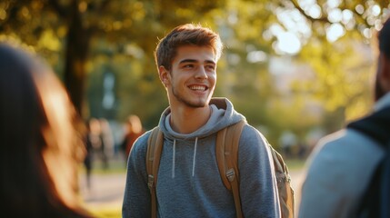 Attractive young guy student spending time with friends together after university, public park
