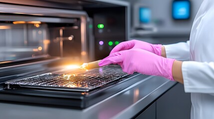 A professional in pink gloves carefully handling a tray in a modern oven, showcasing cleanliness in food preparation.