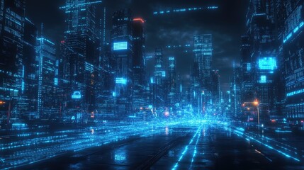 Futuristic city skyline with glowing digital lines, illustrating the concept of technology and urban life.