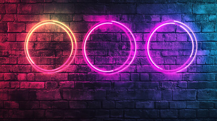 A dark, textured brick wall with bright, neon circles forming a frame for a banner.