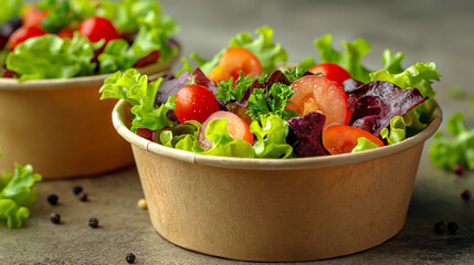 Two bowls of fresh salad with lettuce, tomatoes, and parsley.  Take away food