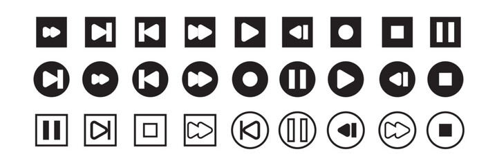 Music player icon set with play, pause, next, previous like and settings symbol in black and white color stroke style. Media Player Buttons icon set, Play and pause buttons sign, Video Audio Player. 