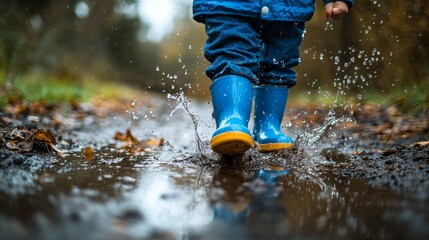 Child s Blue Rain Boots Splashing in Puddle