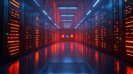 Illuminated Abstract Data Center Server Racks - Futuristic Technology Background with Copy Space