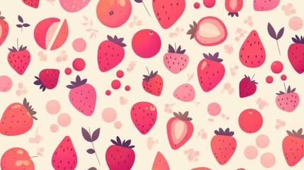 Fruit pattern illustration featuring a charming red strawberry outlined in white set against a pink pastel background Ideal for fabric tile wallpaper and print designs Cartoon style