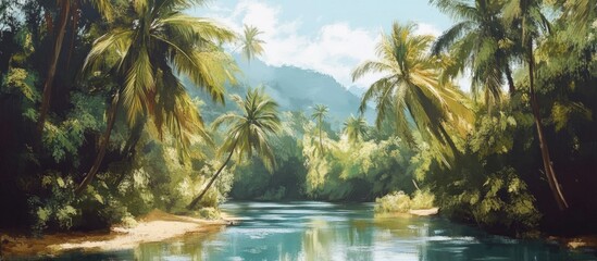 Obraz premium Landscape painting featuring palm trees and a river