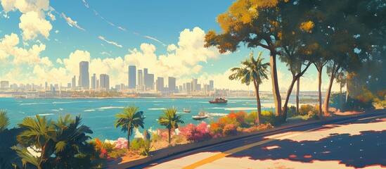 Side view painting of an asphalt highway with a lakeside garden and a contemporary city skyline in the background