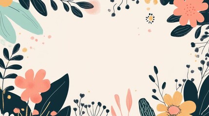 Abstract floral background design featuring a spring theme suitable for kids cards Includes a patterned border frame and nature inspired elements in a tidy modern doodle style Vector illustration