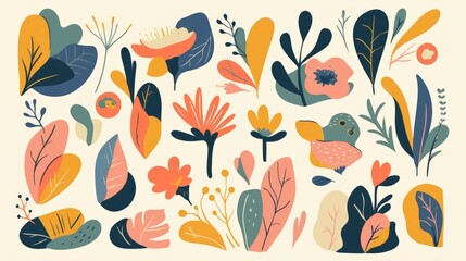 Obraz premium Collection of colorful organic shapes doodles featuring cute botanical elements playful cutouts of tropical leaves and flowers and decorative abstract art vector illustration