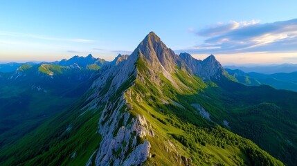 Majestic Mountain Ridge at Sunset with Lush Greenery