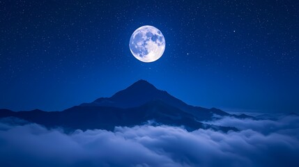 Fototapeta premium Majestic mountain under a full moon in a starry night sky.