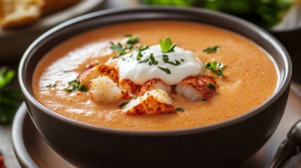 Creamy Lobster Bisque with Chunks of Lobster and Cream