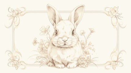 Obraz premium Easter Rabbit Outline Art in a Frame Sketch of an Isolated Bunny on a White Border for a Greeting Card Adorable Rabbit Design as a Holiday Talisman with Curved Borders