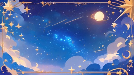 Illustration of a decorative frame featuring night themed doodles including a moon stars and clouds in a sky border design