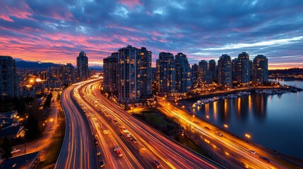 Obraz premium Cityscape at Dusk with Highway Traffic and Harbor Lights