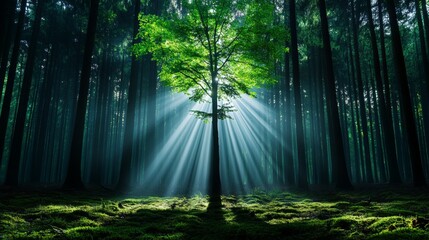 Obraz premium Sunbeams Through Forest Trees With Green Moss