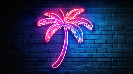 A glowing palm tree neon sign shines brightly against a dark brick wall. This vibrant advertisement is perfect for showcasing tropical vibes and warm climates.