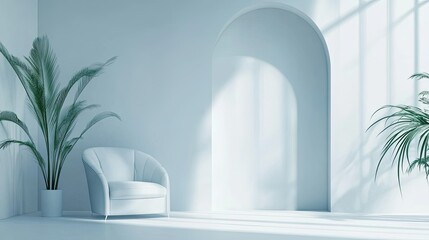 Minimalist white room with an armchair, plants, and arched doorway with sunlight streaming through.