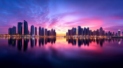 Fototapeta premium Cityscape Reflections at Sunset with Colorful Clouds