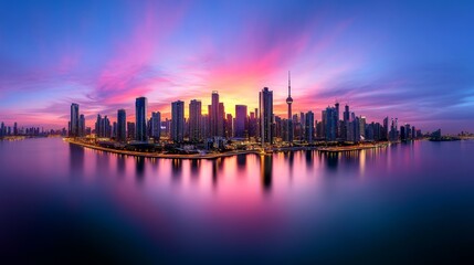 Fototapeta premium City Skyline at Sunset with Pink and Blue Sky Reflection in Water