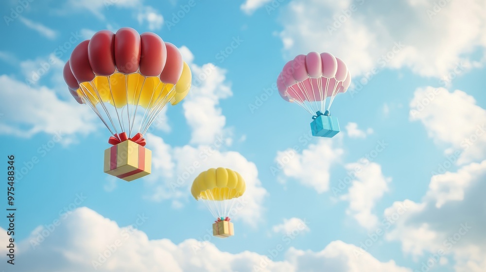 Wall mural A Box flying on a parachute with pink cloud,vector illustration of package flying down from sky and cloud with parachute, concept for delivery service,shopping online,air delivery service.