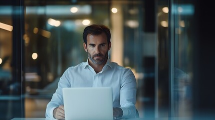 Fototapeta premium A Man in a White Shirt Working on His Laptop in an Office Setting