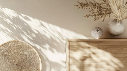 Minimalist wooden table with a woven basket, a vase with dried flowers, a white ball and natural light.