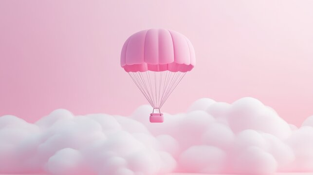 A Box flying on a parachute with pink cloud,vector illustration of package flying down from sky and cloud with parachute, concept for delivery service,shopping online,air delivery service.