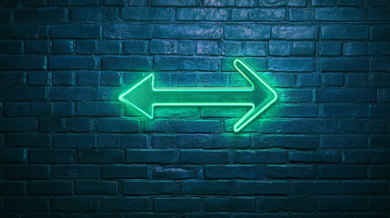 A green neon arrow pointing left. It's on a dark blue brick wall. This image is perfect for websites, computer screens, or real-life signs.