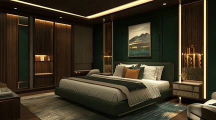 Modern bedroom interior with a king size bed, green walls, wooden closet, nightstands, and a painting on the wall.