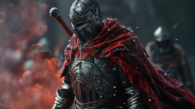 Armored knights engage in an intense medieval battle in a fiery setting at dusk. The atmosphere is charged with drama, epic medieval battle featuring armored knights in a fiery landscape at dusk